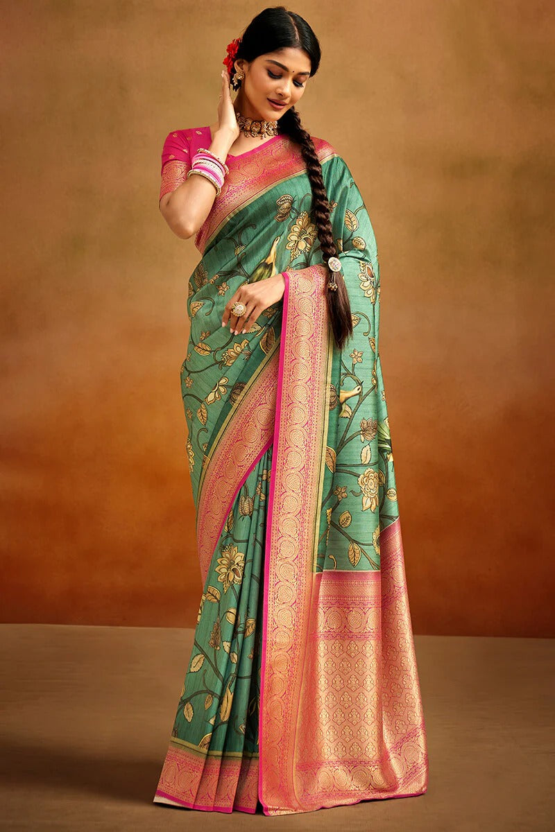 Moghra Saga Green Banarasi Tussar Silk Woven Kalamkari Saree