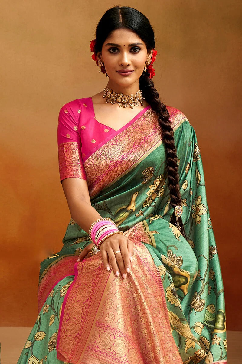 Moghra Saga Green Banarasi Tussar Silk Woven Kalamkari Saree
