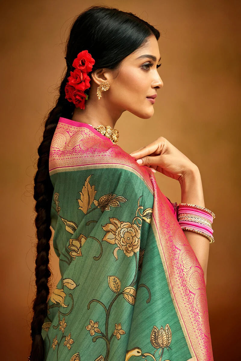 Moghra Saga Green Banarasi Tussar Silk Woven Kalamkari Saree