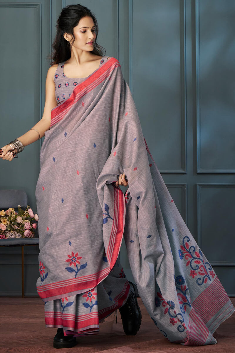 Rolex Grey Handloom Linen Silk Weaving Saree
