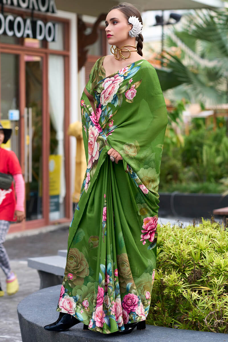 Sakira Green Pure Georgette Printed Saree