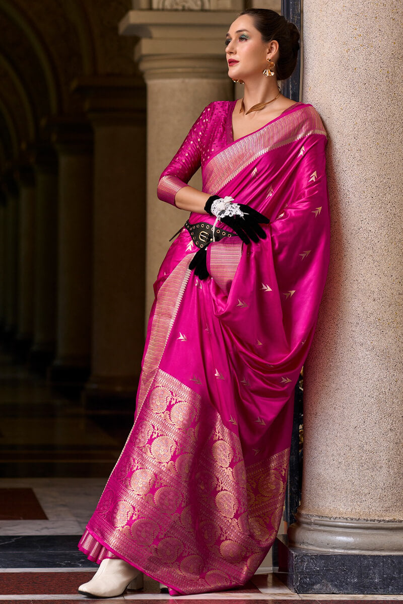Mungha Hot Pink Banarasi Satin Silk Zari Weaving Saree