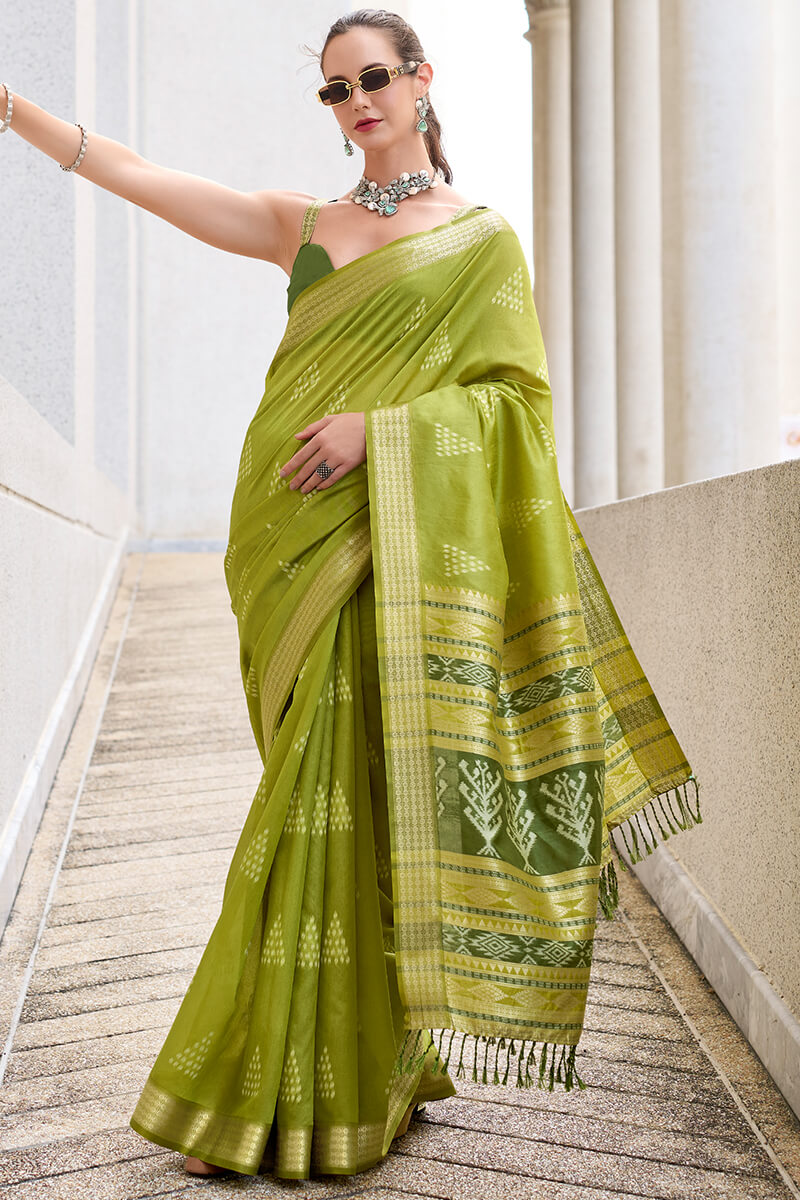 Egypt Acid Green Banarasi Soft Silk Ikkat Weaving Saree