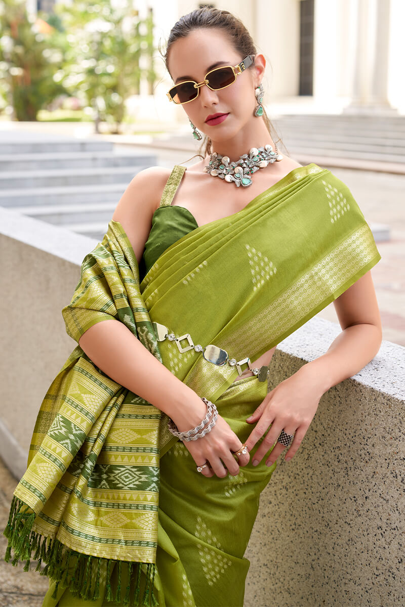 Egypt Acid Green Banarasi Soft Silk Ikkat Weaving Saree