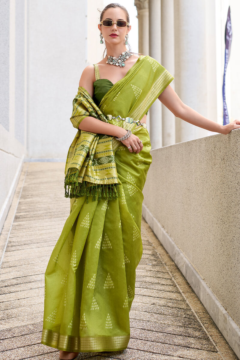 Egypt Acid Green Banarasi Soft Silk Ikkat Weaving Saree