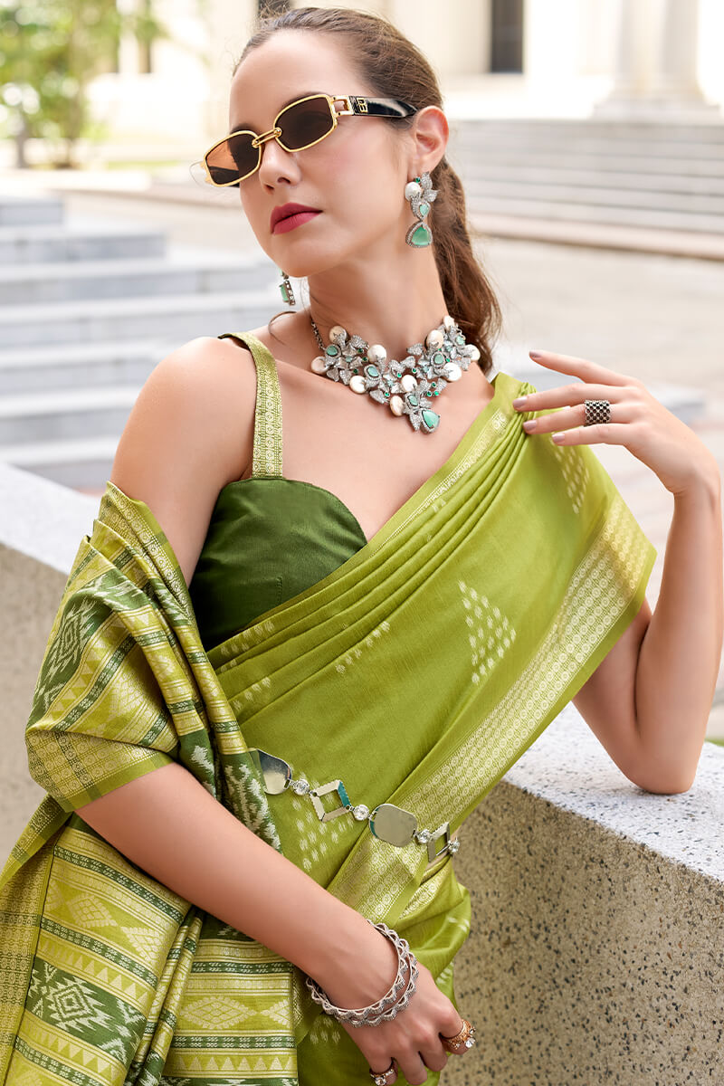 Egypt Acid Green Banarasi Soft Silk Ikkat Weaving Saree