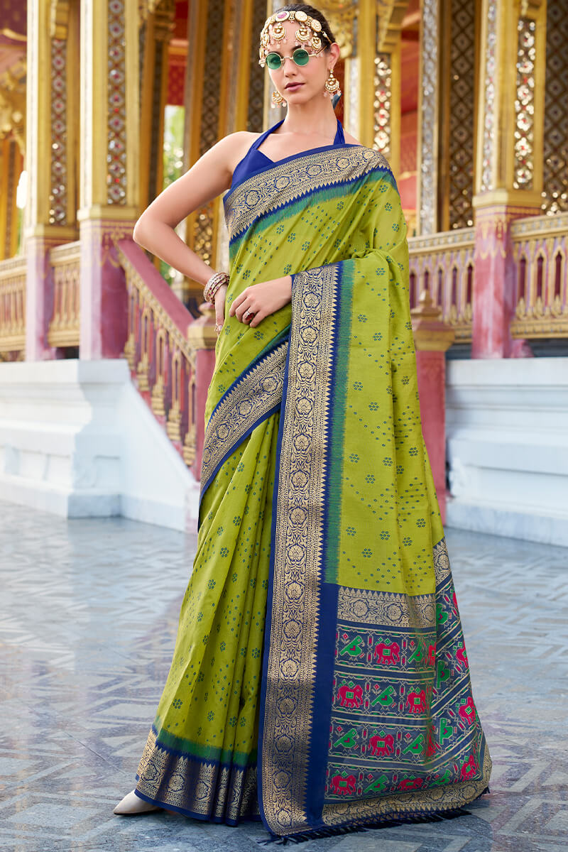 Aradhya Parrot Green Tussar Silk Patola Saree
