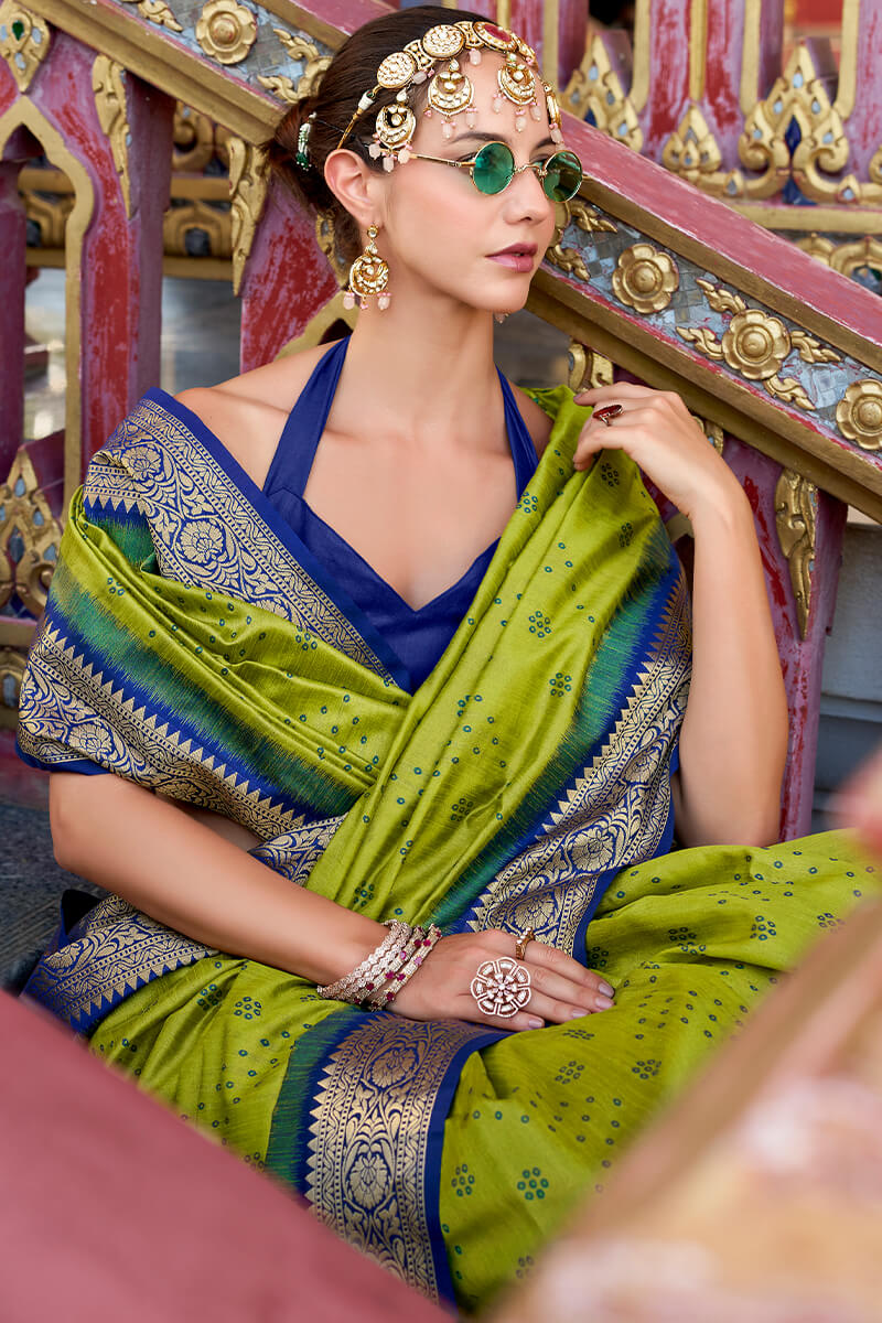 Aradhya Parrot Green Tussar Silk Patola Saree