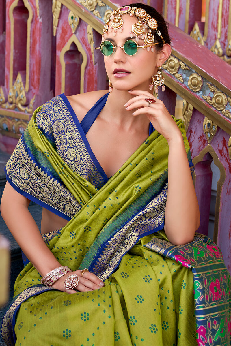 Aradhya Parrot Green Tussar Silk Patola Saree