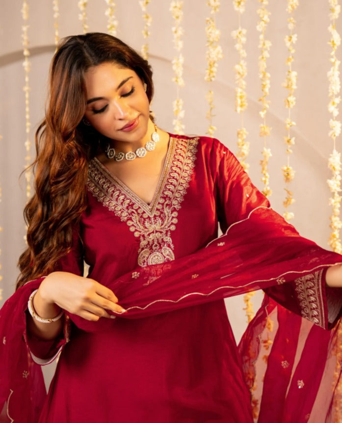 Jubilant Maroon Roman Silk Embroidered Work Suit Set
