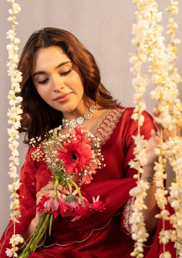 Jubilant Maroon Roman Silk Embroidered Work Suit Set