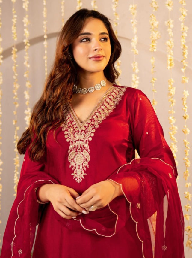 Jubilant Maroon Roman Silk Embroidered Work Suit Set
