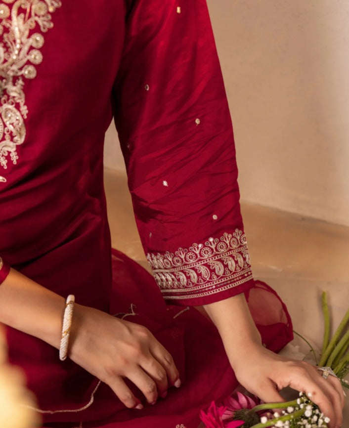 Jubilant Maroon Roman Silk Embroidered Work Suit Set