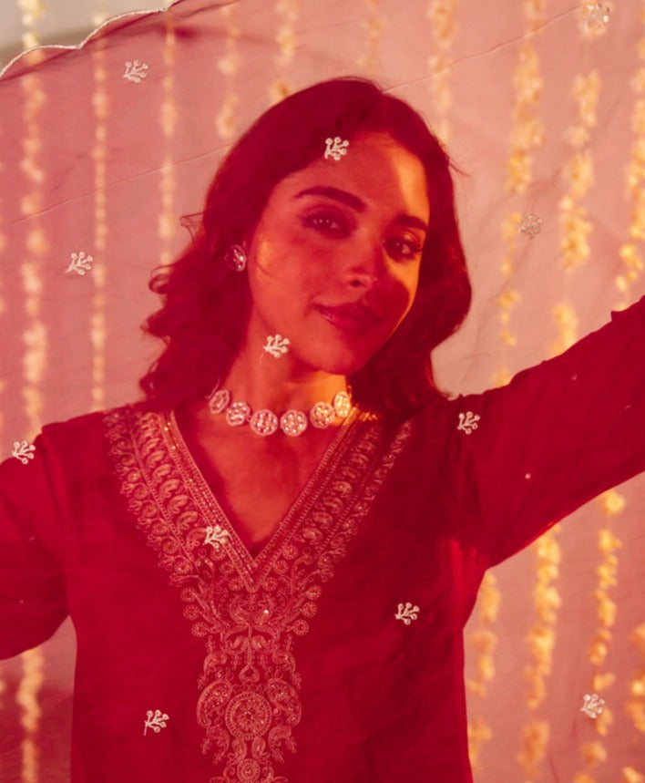 Jubilant Maroon Roman Silk Embroidered Work Suit Set
