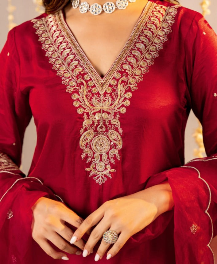 Jubilant Maroon Roman Silk Embroidered Work Suit Set
