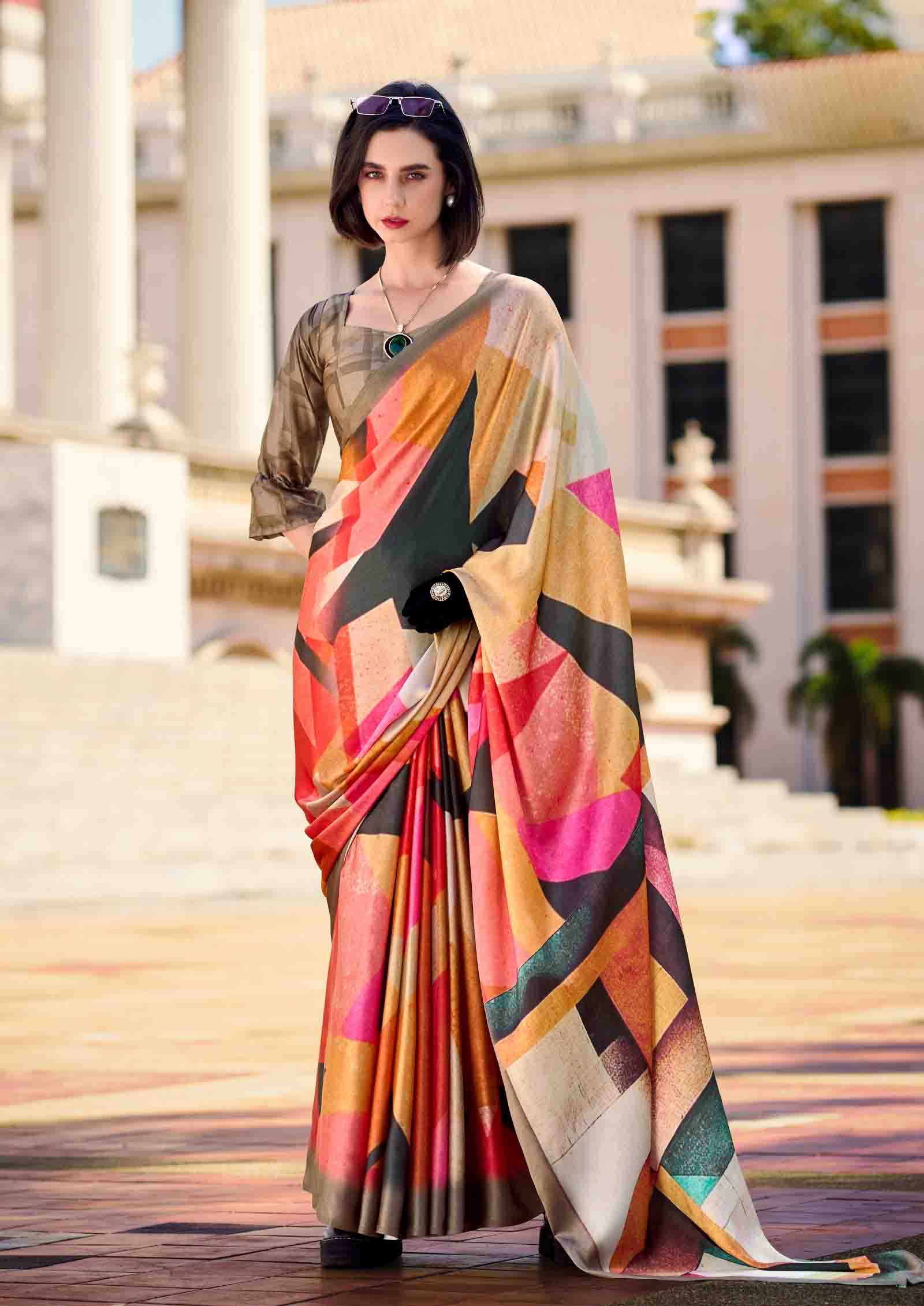 Next Ganeration Pink Pure Satin Silk Digital Printed Saree