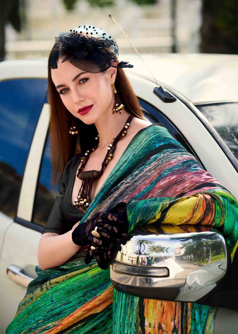 Next Ganeration Olive Darb Pure Satin Silk Digital Printed Saree