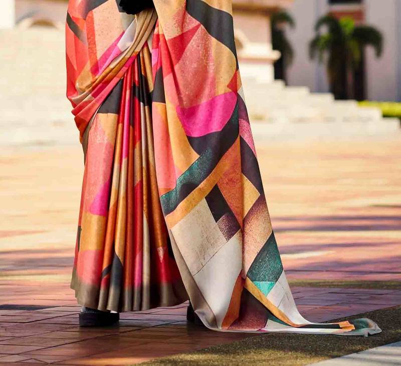Next Ganeration Pink Pure Satin Silk Digital Printed Saree