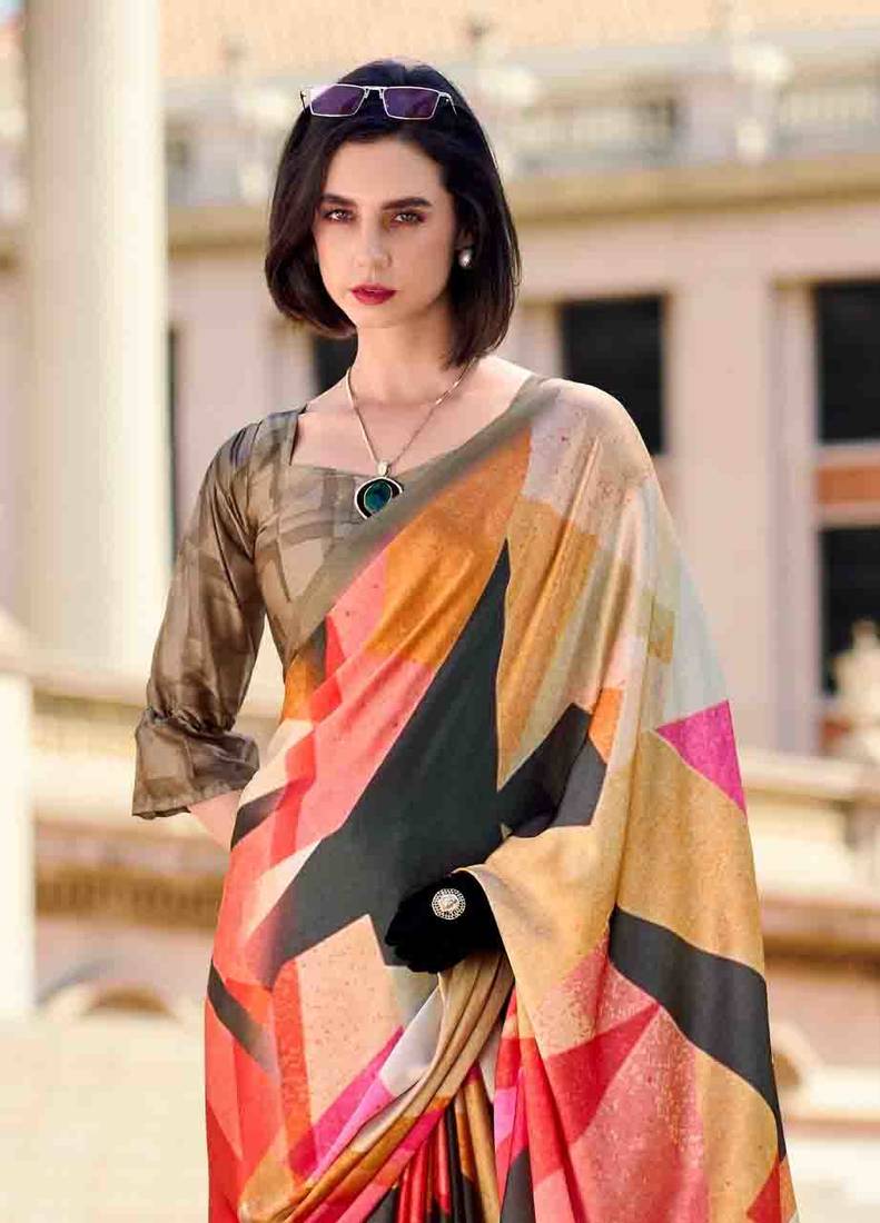 Next Ganeration Pink Pure Satin Silk Digital Printed Saree