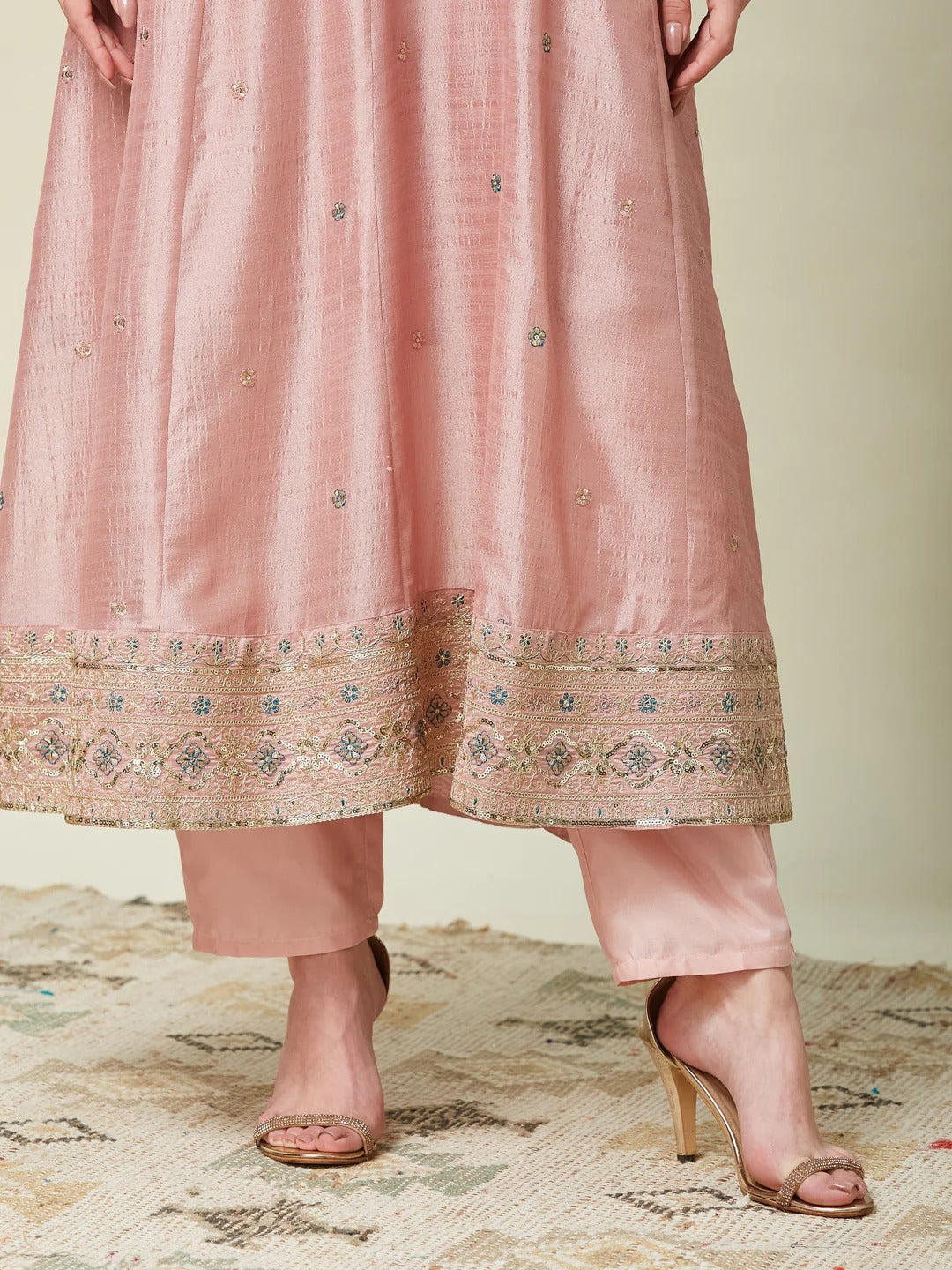 Desirable Baby Pink Vichhitra Silk Embroidery Work Anarkali Suit Set