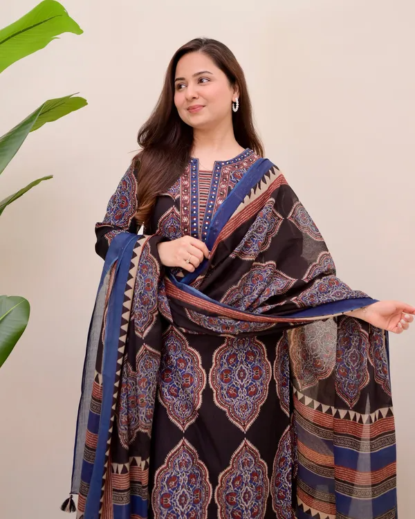 Fairytale Black Cotton Ajrakh Printed Suit Set