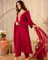 Jubilant Maroon Roman Silk Embroidered Work Suit Set