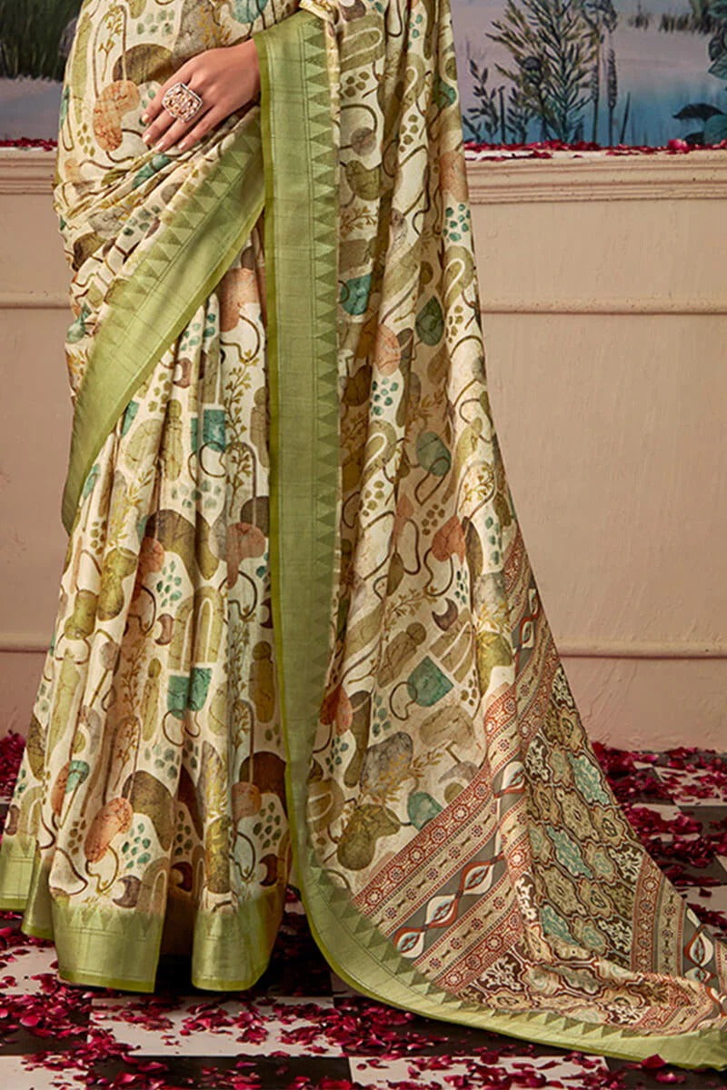 Shimoni Pestel Olive Tussar Silk Printed Saree