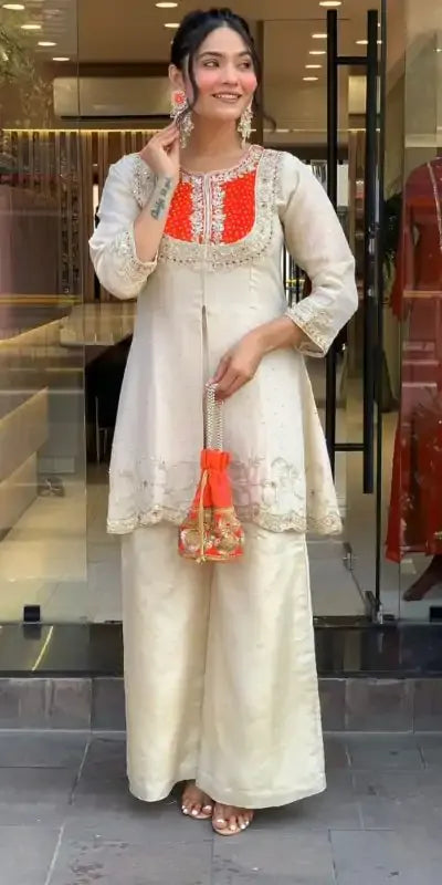 Precious Orange Gold Crush Embroidery Coding Sequence Work Salwar Suit