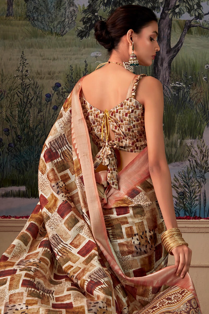 Shimoni greige Brown Tussar Silk Printed Saree