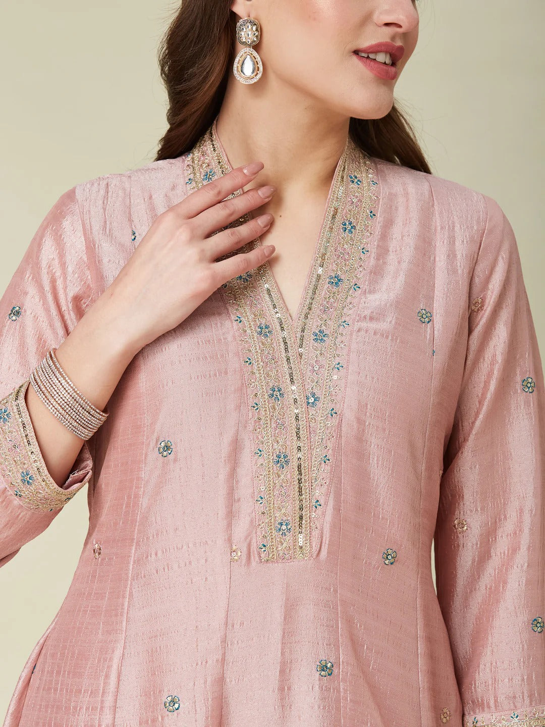 Desirable Baby Pink Vichhitra Silk Embroidery Work Anarkali Suit Set