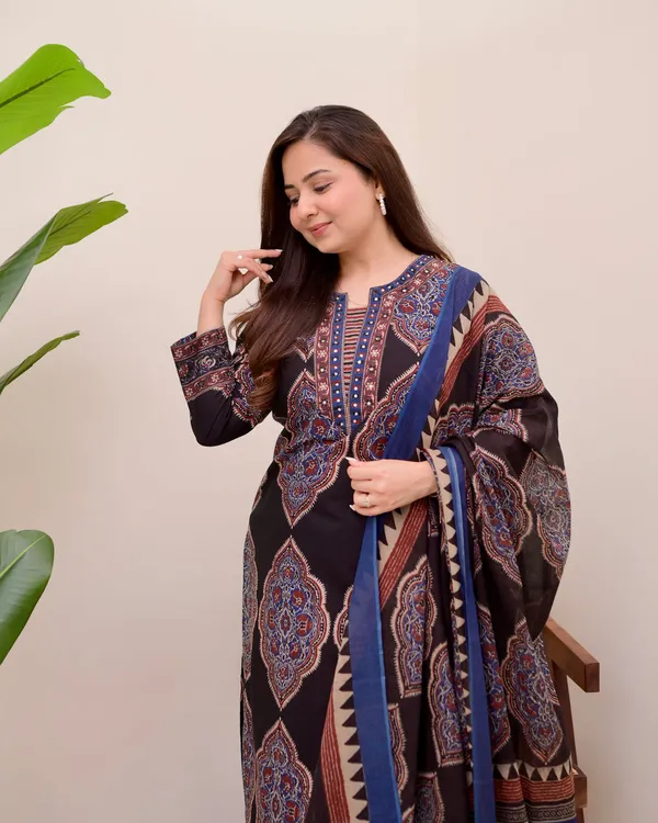 Fairytale Black Cotton Ajrakh Printed Suit Set