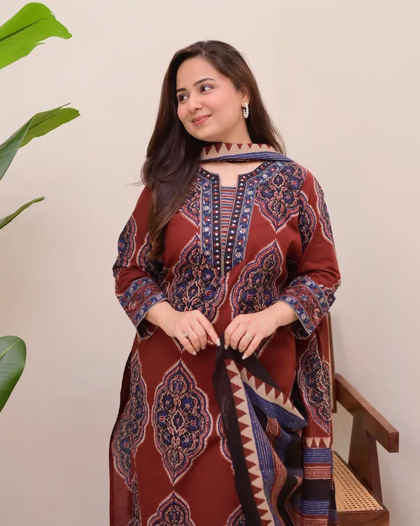 Flamboyant Maroon Cotton Ajrakh Printed Suit Set