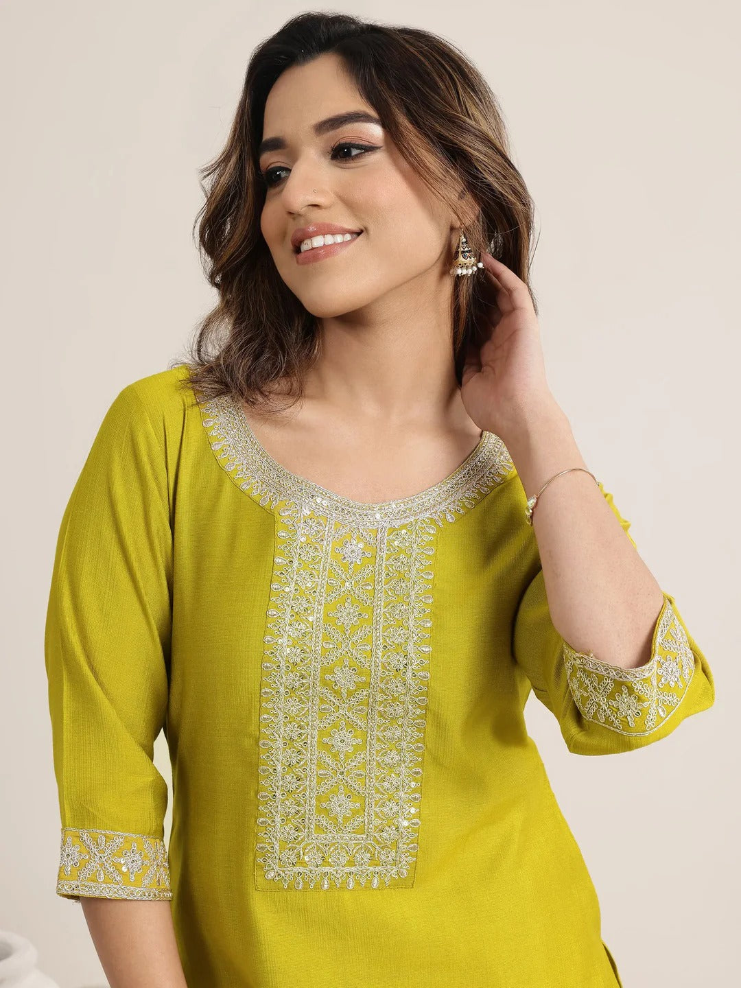 Groovy Mustard Rayon Silk Embroidery Work Suit Set