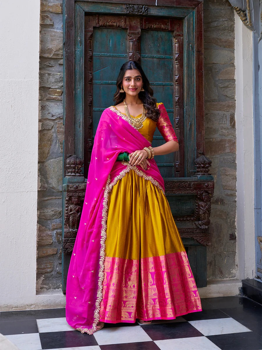 Yellow Narayan Pattu Zari Weaving Work Lehenga Choli