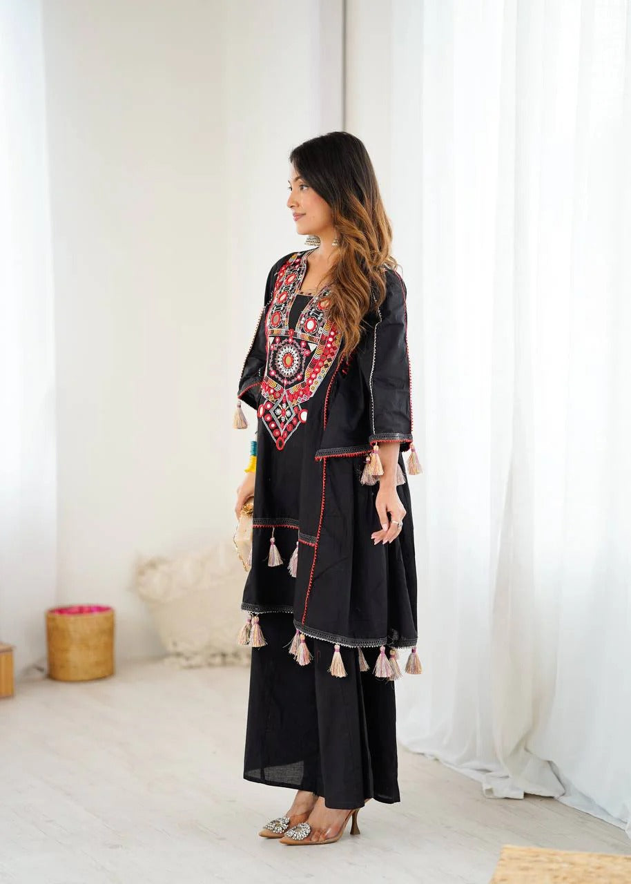 Black Soft Reyon Embroidery thread work And original mirror work with tassels