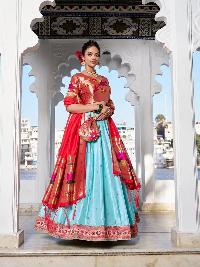 Sky Blue Weaving Zari Work With Lace Paithani Silk Lehenga Choli