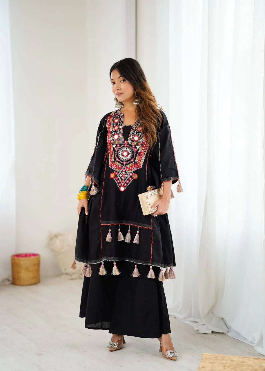 Black Soft Reyon Embroidery thread work And original mirror work with tassels