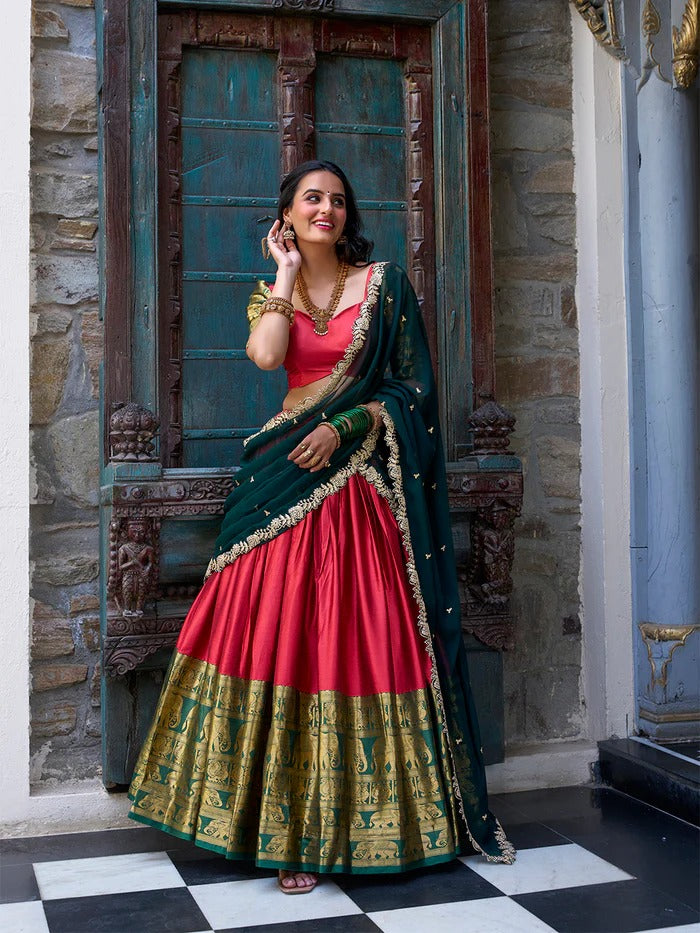 Red Narayan Pattu Zari Weaving Work Lehenga Choli