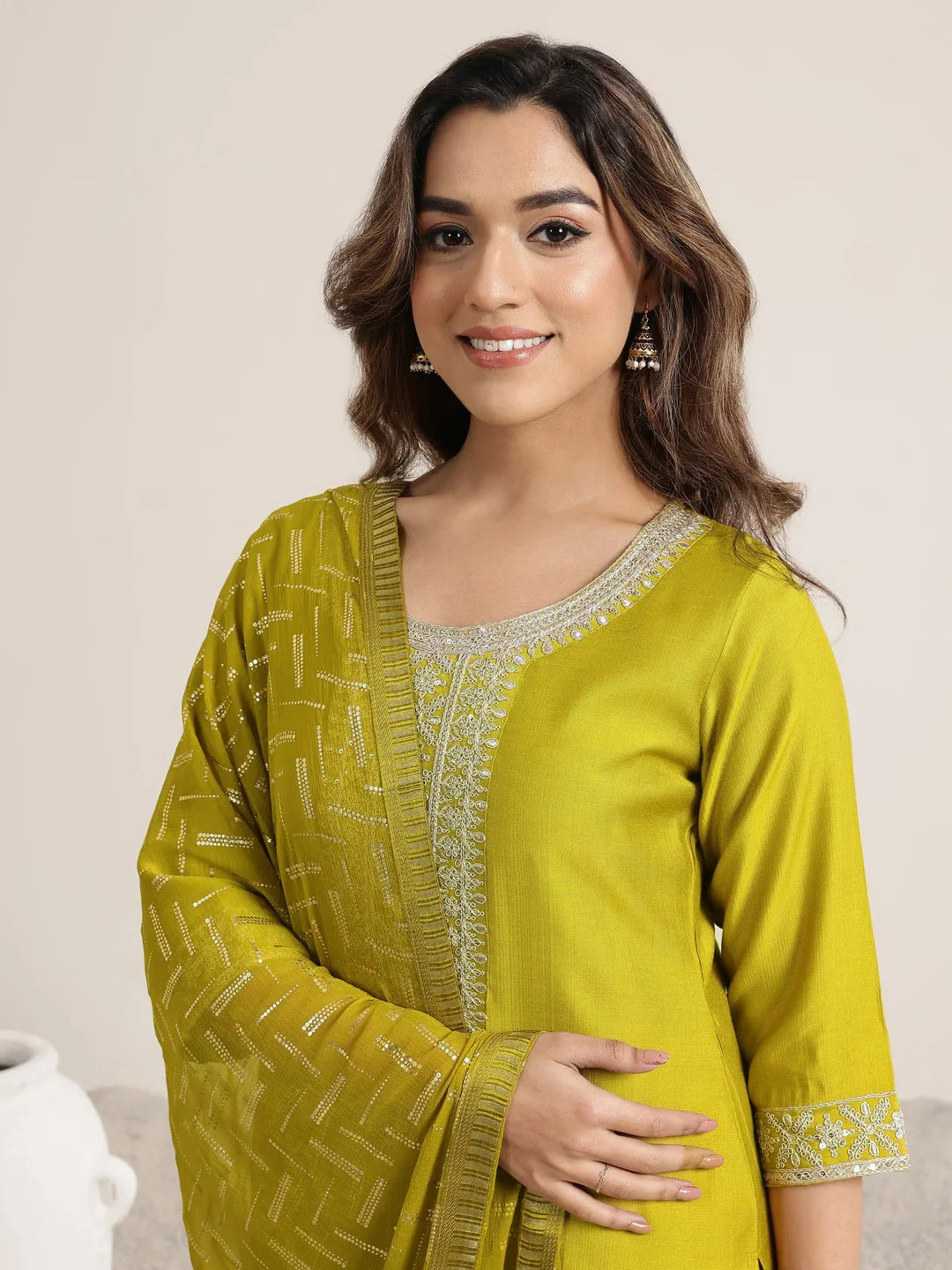 Groovy Mustard Rayon Silk Embroidery Work Suit Set