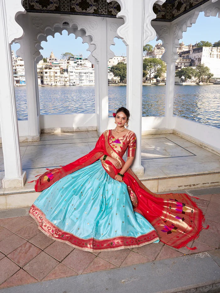Sky Blue Weaving Zari Work With Lace Paithani Silk Lehenga Choli