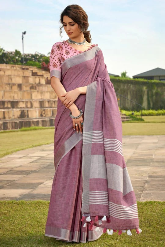 Abhirupi Purple Soft Linen Silk Saree With Tussles