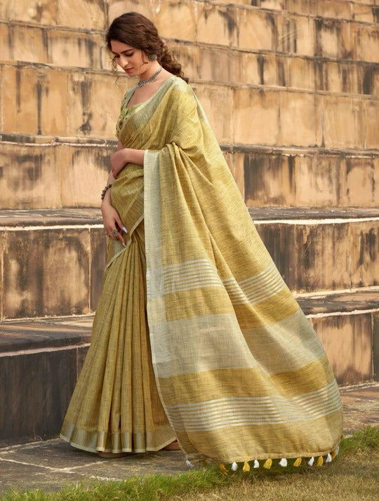 Abhirupi Yellow Soft Linen Silk Saree With Tussles