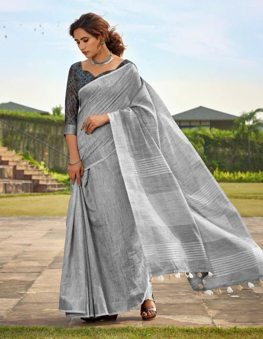 Abhirupi Grey Soft Linen Silk Saree With Tussles