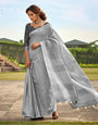 Abhirupi Grey Soft Linen Silk Saree With Tussles