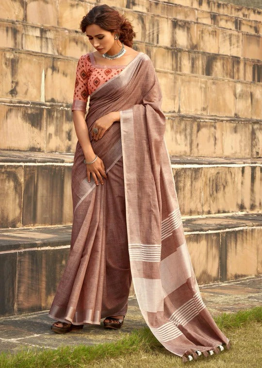 Abhirupi Brown Soft Linen Silk Saree With Tussles