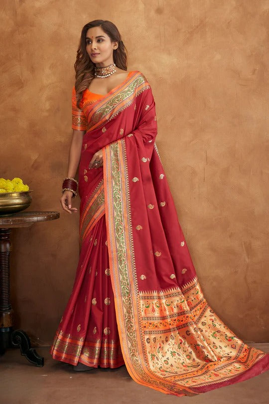 Apsra maroon Banarasi Soft Silk Weaving Saree