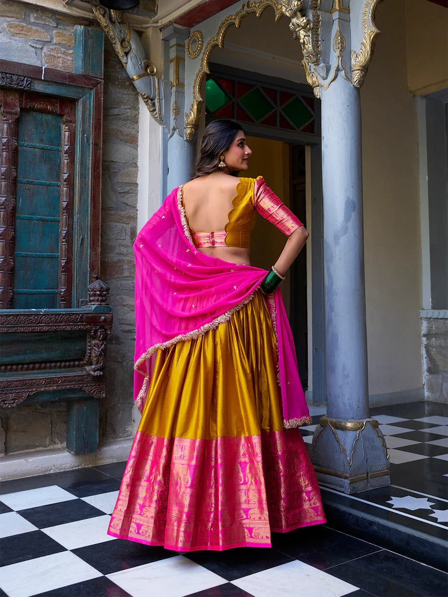 Yellow Narayan Pattu Zari Weaving Work Lehenga Choli