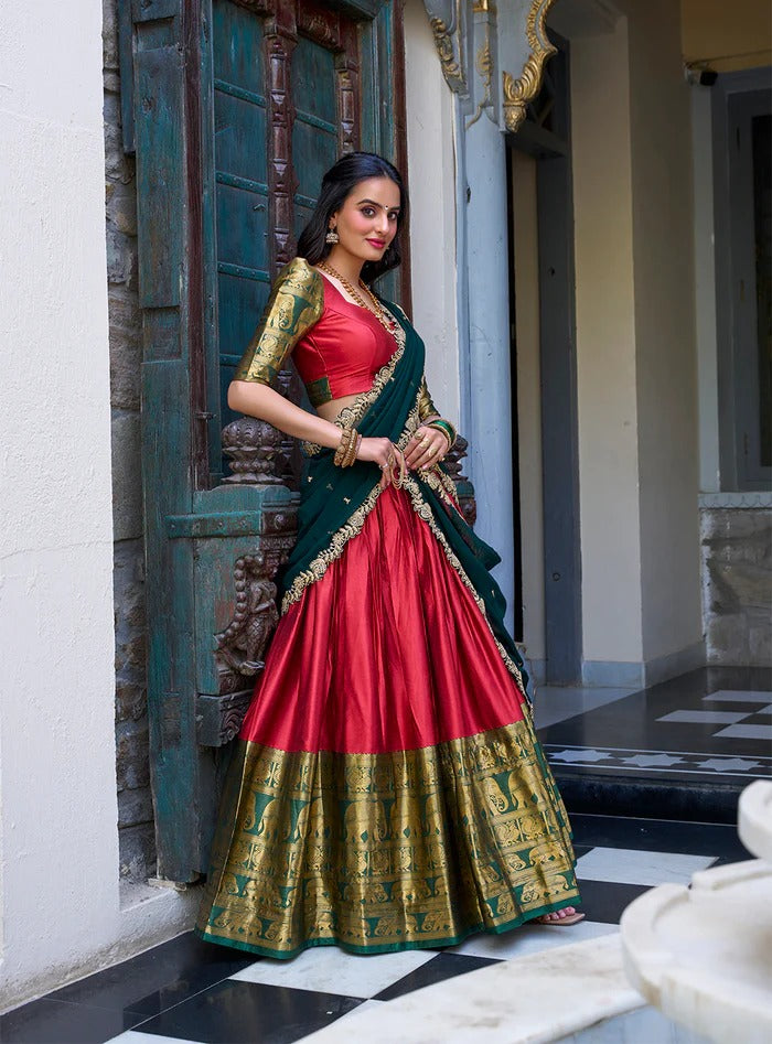 Red Narayan Pattu Zari Weaving Work Lehenga Choli