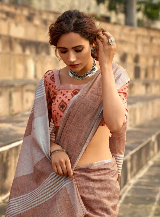 Abhirupi Brown Soft Linen Silk Saree With Tussles