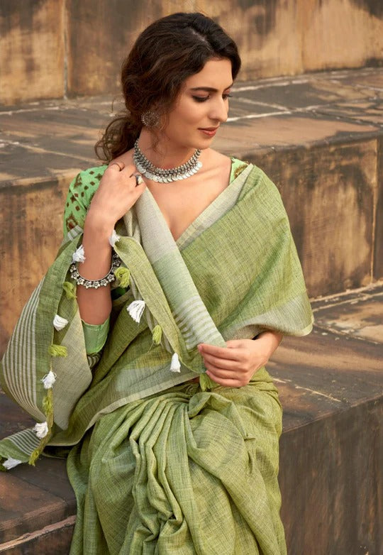 Abhirupi Green Soft Linen Silk Saree With Tussles
